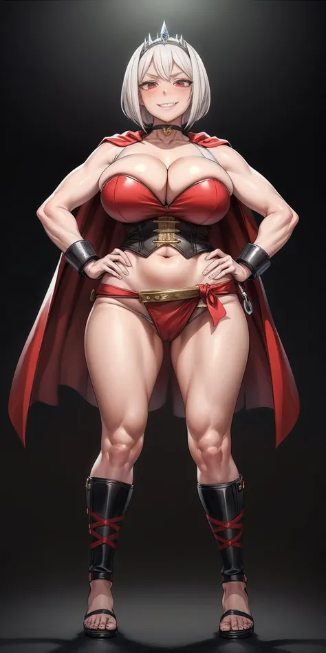 ((BLACK BACKGROUND,1:2, masterpiece)), full body MILF BIMBO standing with two long thighs and two metal sandals, red eyes, silver white hair, short bob style hair, big breasts, cleavage, separate sleeves, tiara royal, long cape up to two feet, yellow bikin...