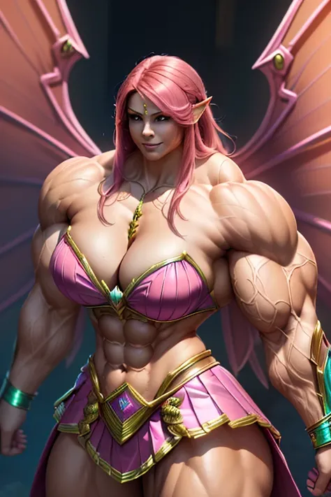 (((((Massive, tall, beautiful, buff, muscular brown skinned female Amazon warrior with shocking pink hair, ginormous bulky muscles, huge wings and wearing an all pink gleaming amazon armor and pleated skirt))))), (close view), black eyeliner, massive muscl...