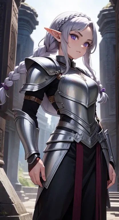 masterpiece, best quality, solo, warrior, braids, purple eyes, silver hair, elf, armor,