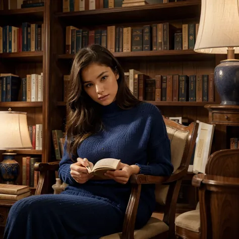 Female supermodel. Reading in a home library. Sitting in antique French armchair. Royal blue sweater. Heavy French wooden bookcase. Minimalist Japanese decor. Soft, ambient lighting highlights her serene expression.