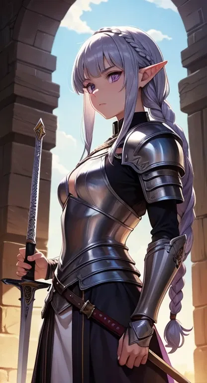 masterpiece, best quality, solo, warrior, braids, purple eyes, silver hair, elf, armor, sword,