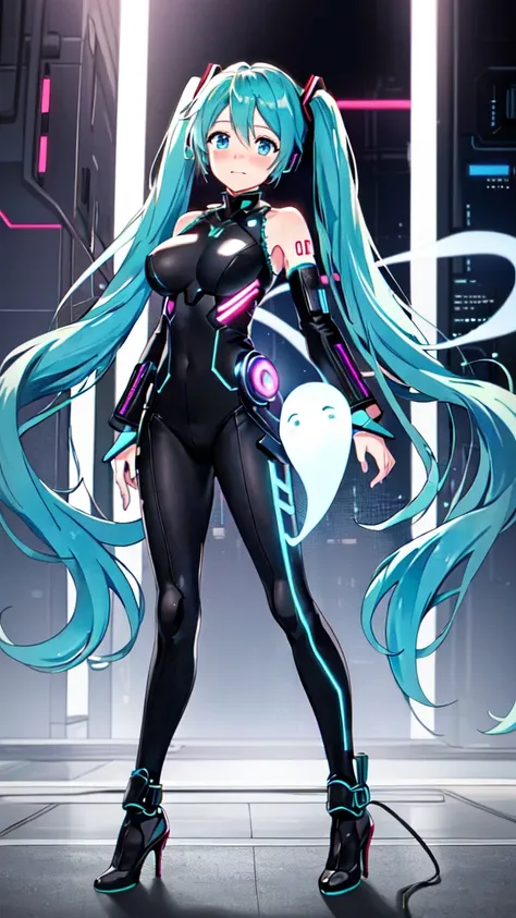 Hatsune Miku Vocaloid, Twin Tails, Light Blue Eyes, Light Blue Hair, Pichi Pichi Bodysuit, Cyber punk, Ghost in the Shell, Ultimate Physical Beauty, Beautiful Eyes, embarrassed look , high heels, ((Big Breasts)), 8K CG, Top Quality, Best Image Quality,