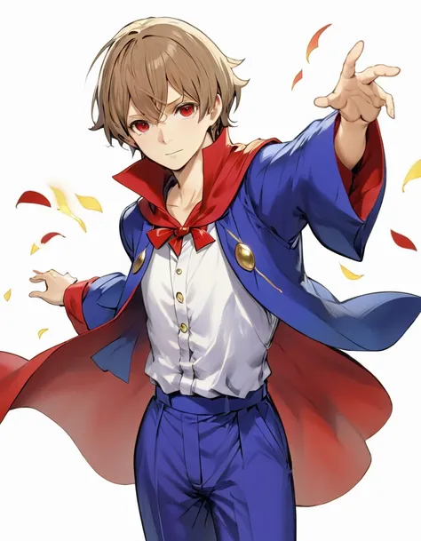 White background, character sheet, whole body, 1man, light brown hair, red eyes, wearing magician clothes red sleeves, blue pants, blue robe, male protagonist, absurdres, high res, ultrasharp, 8K, masterpiece, looking at viewer