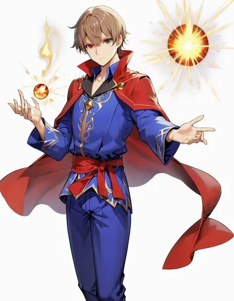 White background, character sheet, whole body, 1man, light brown hair, red eyes, wearing magician clothes red sleeves, blue pants, blue robe, male protagonist, absurdres, high res, ultrasharp, 8K, masterpiece, looking at viewer