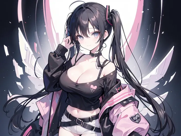 masterpiece,anime style,chibi,sexy girl,black hair,shoulder length hair with two pigtails,black jacket,with headphones,lo fi background,smiling,big breasts,listening to music,waiting on the right side of the image,showing cleavage,full body,standing,black ...