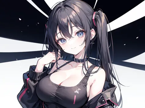 masterpiece,anime style,chibi,sexy girl,black hair,shoulder length hair with two pigtails,black jacket,with headphones,lo fi background,smiling,big breasts,listening to music,waiting on the right side of the image,showing cleavage,full body,standing,black ...