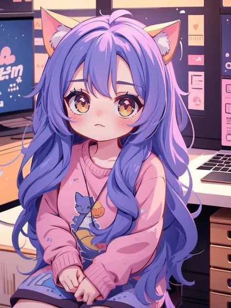 cat-eared anime girl sitting at computer desk，there is a cat on his head, cute anime catgirl, anime girl with cat ears, beautifu...