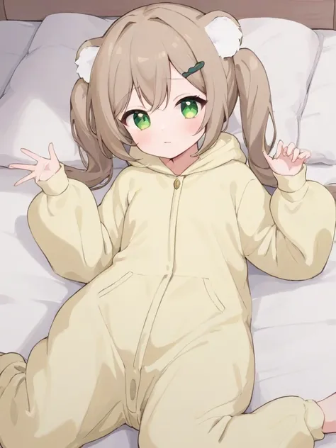 qingque girl,low twintails,green eyes,light brown hair,fluffy animal kigurumi pajamas