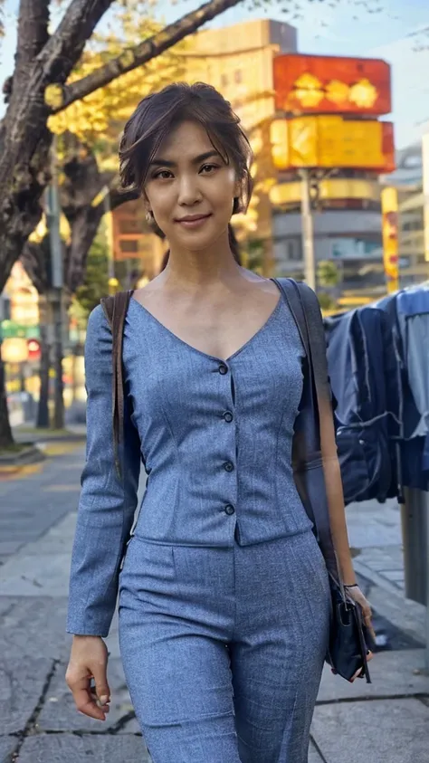 (beautiful woman, high resolution, wallpaper 8K screen, highest quality, real, ultra-definition, exquisite and perfect dynamic composition, (1 Japanese mature woman standing on the sidewalk in a business district), (pants suit: 1.4), (60 years old), (reali...