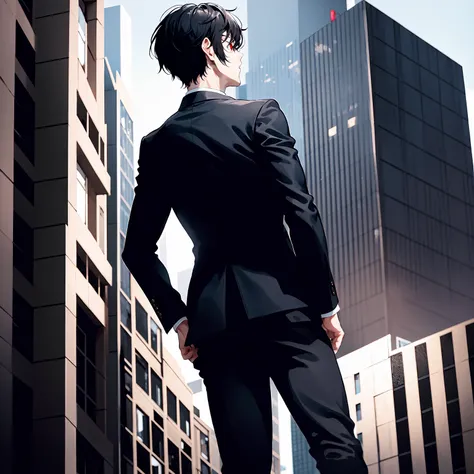 1boy, short black hair, red eyes, wearing all black suit, on top of a building, high res, ultrasharp, 8k, masterpiece, looking at viewer from behind