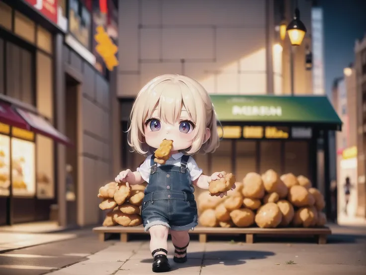 8K, UHD, HD details, masterpiece, ((best details)), ((high quality)), in the night food street, a cute  wearing suspender jeans and short-sleeved vest, eating fried chicken nuggets while walking