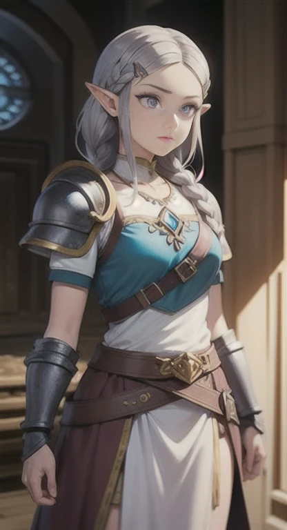 masterpiece, best quality, solo, warrior, braids, purple eyes, silver hair, Princess Zelda, armor,