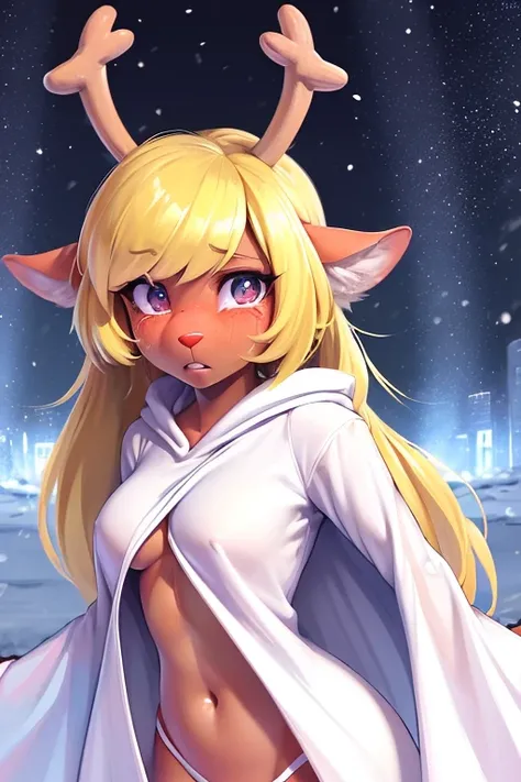 (noelle, furry female anthro, blonde hair, deer girl, red deer nose, white eyes, white pupils, white robe, hooded robe, midriff), sad, outstretched arms, green neon city, snowing arms up, crying