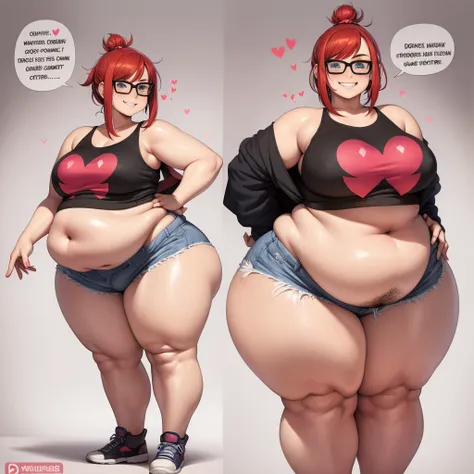 Your beautiful gorgeous sexy curvy tomboy girlfriend wearing a crop top and booty shorts,solo, blushing, grinning, accidentally cute pose, she knows you’re trying to make her fatter, she loves you, big fat heavy squishy belly, wide hips, massive round heav...