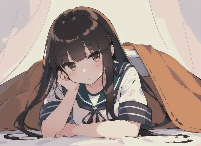 (masterpiece), (best quality), (ultra-detailed), photorealistic, (best illustration), (an extremely delicate and beautiful), 1girl, solo, long hair, hatsuyuki (kancolle), brown eyes, blunt bangs, serafuku, teal sailor collar, (lying, kotatsu), (table), him...