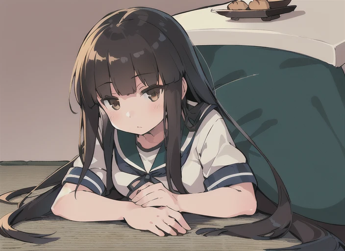 (masterpiece), (best quality), (ultra-detailed), photorealistic, (best illustration), (an extremely delicate and beautiful), 1girl, solo, long hair, hatsuyuki (kancolle), brown eyes, blunt bangs, serafuku, teal sailor collar, (lying, kotatsu), (table), him...