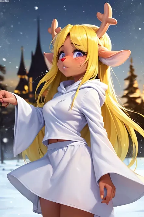 (noelle, furry female anthro, blonde hair, deer girl, red deer nose, white eyes, white pupils, white robe, hooded robe, midriff), sad, outstretched arms, green neon city, snowing arms up, crying