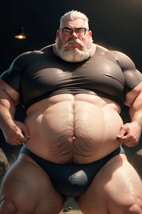 A fat big man crushes a rock with a punch,Rock,ember,Uncle,Fat,I have a big stomach,Regent,white  hair,mustache.One of them wears broken glasses, Sweating, hairy, detailed speedo, big underwear bulge