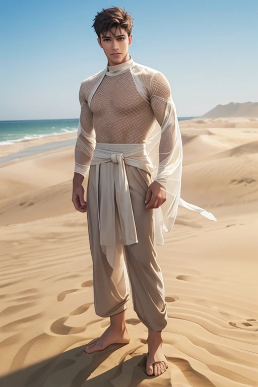 full body photorealistic handsome Hunky sand  bender, wearing white and beige transparent mesh clothing,,sand and  dust circle everywhere. Dunes as the background 