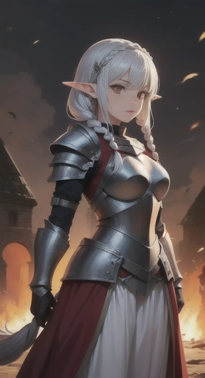 masterpiece, best quality, solo, knight, braids, red eyes, silver hair, elf princess, armor,