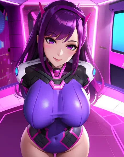 Dva,Purple hair,purple eyes,huge breast
bodysuit,
standing,
arcade, indoors,  neon lights,  smile, 
(insanely detailed, beautiful detailed face,beautiful detailed eyes, masterpiece, best quality),solo,anime girl
