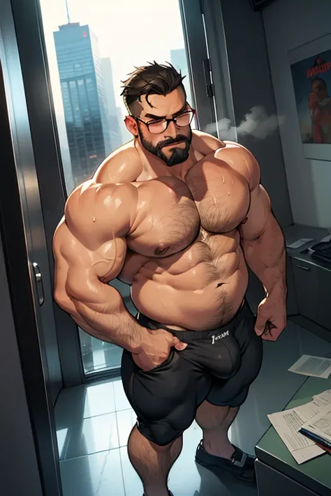 ​masterpiece,top-quality,Fat man, frontal view, Fat,well-muscled,I have a big stomach,Face is large,A dark-haired,short-haired,mustache,eye glasses, troubled look,Red face,Sweating,Wet,Large windows overlooking skyscrapers,s Office,Marble floor,Steaming,fu...