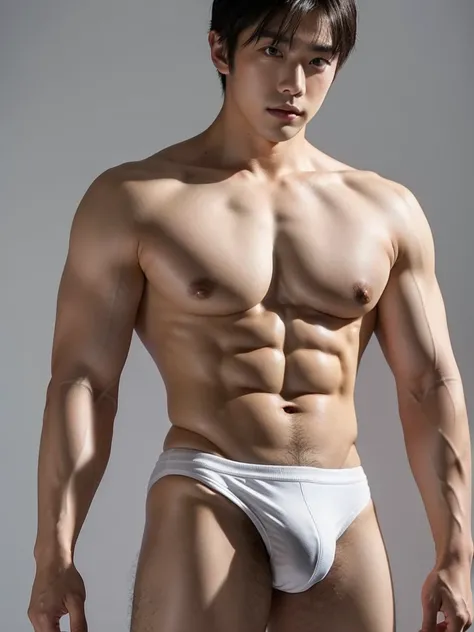 Masterpiece, Best Quality, Solo, Asian Actor Men, muscular, wide shoulder, big triceps, white skin, studio simple background, good lighting, Natural eyes, Short and delicate black hair, Sexy Man, looking at the viewer, shirtless, sexy bikini, huge bulge, S...