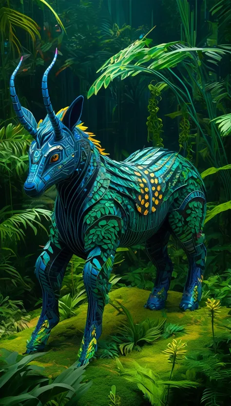 Future genetic engineering will incorporate living organisms into its work of art, Covered by fauna, flora. Alebrije, Masterpiece, hyper HD, Axonometric view, jungles. Cyberpunk