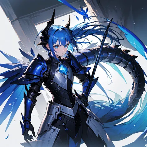 ((high resolution　blue hair　long髪　black armor　dragon knight　thunder　lonely　despair))　((night　western style　chest　shining aura　gl...