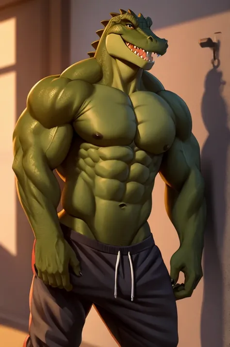 muscular, crocodile, smiling, sweatpants, no shirt