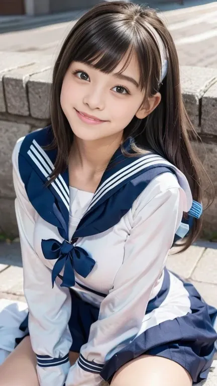 An innocent 14-year-old girl、((Light sailor suit、Cute and elegant, Lie on your back)),smile、Emphasized cleavage