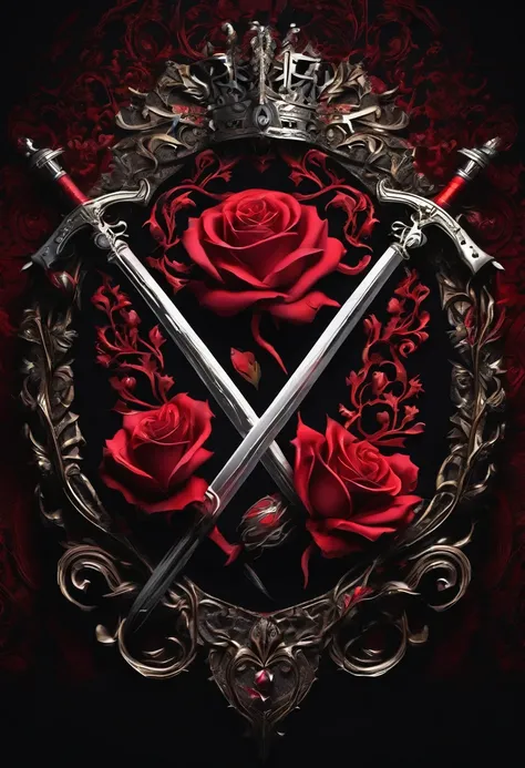 (un escudo de armas familiar,caballero,rosa de sangre roja y negra),(mejor calidad,high resolution),(oscuro,Gothic style),(detallado),(Sharp focus),(vivid colors),(mysterious lighting) sin personajes con detalles notorios