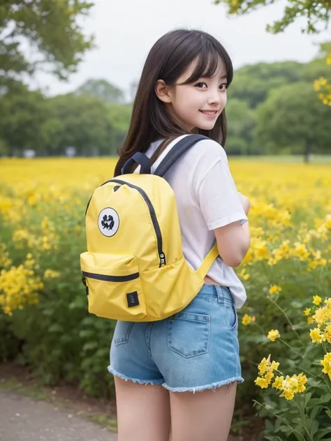 Shot from behind、Her face faces the viewer, and she looks very attractive with her backpack on., (adorable baby dog), Enjoy a lovely spring outing surrounded by beautiful yellow flowers and natural scenery.. 1 girl,Cute face,smile,tight shorts,Knee socks、T...