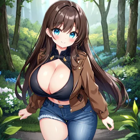 A Beautiful Cute Girl, with (Lush, Long Dark-Brown Hair), (Big Beautiful Blue Eyes), (Overwhelmingly Gigantic Breasts, Unreasonably Oversized Breasts, Extremely Overly Enormous Breasts), (Incredibly Wide Hips), Large thighs, and is very Athletic. wearing a...