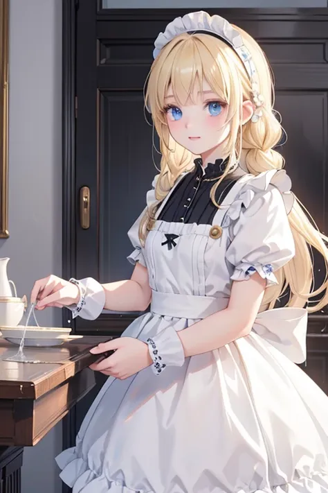 (8k, highest quality, Tabletop:1.2)、Ultra-high resolution、One 16-year-old girl, Perfect Fingers, Detailed face, blue eyes, Blonde, Braid, Black and white maid outfit,  Inside the castle, Cleaning the entrance