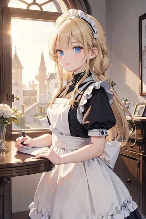 (8k, highest quality, Tabletop:1.2)、Ultra-high resolution、One 18-year-old girl, Perfect Fingers, Detailed face, blue eyes, Blonde, Braid, Black maid outfit,  Inside the castle, Cleaning the entrance, Floor mopping