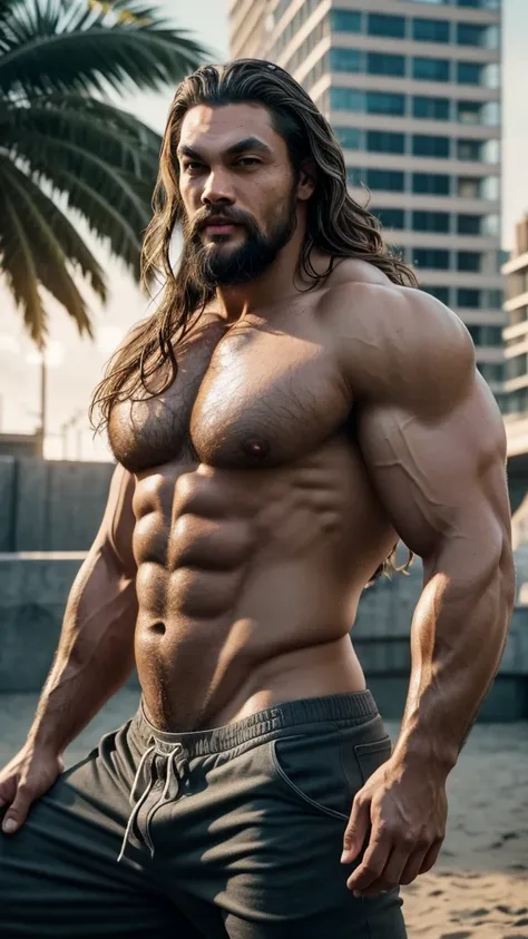 Jason Momoa,  shirtless, hairy chest, beach underwear, big bulge, hyper realistic style, erotic, 3-meters-tall-bodybuilders oversized biceps are 240 inches, with long oversized arms, outgrows buildings size, sexy smile, ultra hd, realistic, vivid colors, h...