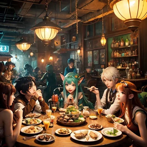 A group of anime characters and various anthropomorphic animals, including catgirls and elves, sit around a table，Enjoying food and drinks，The atmosphere is lively and lively。The roles have（Beautiful and delicate eyes，Beautiful and delicate lips，Extremely ...