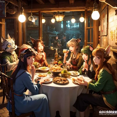 a group of anime characters and various anthropomorphic animals, including catgirls and elves, sit around a table，enjoying food ...