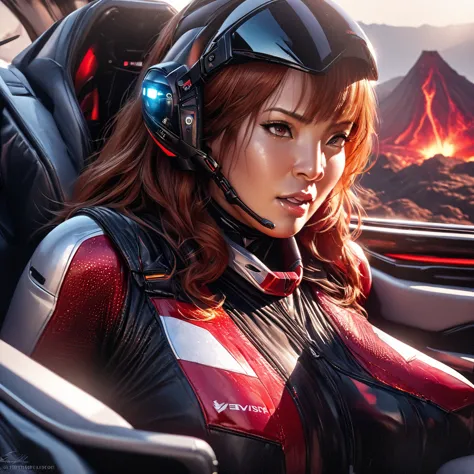 (best quality,4k,highres,masterpiece:1.2),ultra-detailed,(realistic,photorealistic,photo-realistic:1.37),illustration,er Voltron red lion,pilot outfit,sexy,high tech,cute woman,cockpit,near a volcano,metallic textures,fiery reds,smoke,hot temperatures,expe...