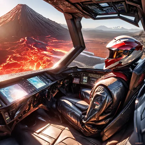 (best quality,4k,highres,masterpiece:1.2),ultra-detailed,(realistic,photorealistic,photo-realistic:1.37),illustration,er Voltron red lion,pilot outfit,sexy,high tech,cute woman,cockpit,near a volcano,metallic textures,fiery reds,smoke,hot temperatures,expe...