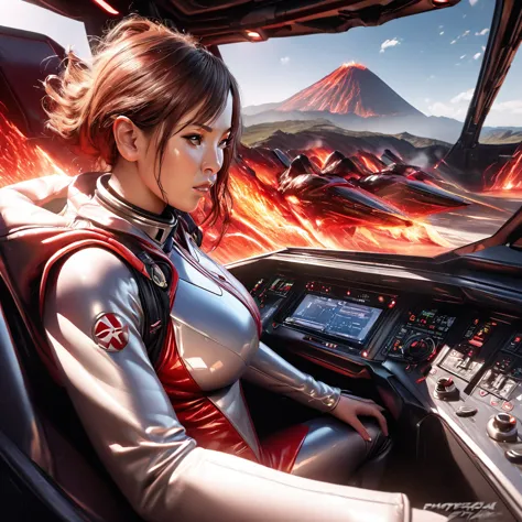 (best quality,4k,highres,masterpiece:1.2),ultra-detailed,(realistic,photorealistic,photo-realistic:1.37),illustration,er Voltron red lion,pilot outfit,sexy,high tech,cute woman,cockpit,near a volcano,metallic textures,fiery reds,smoke,hot temperatures,expe...