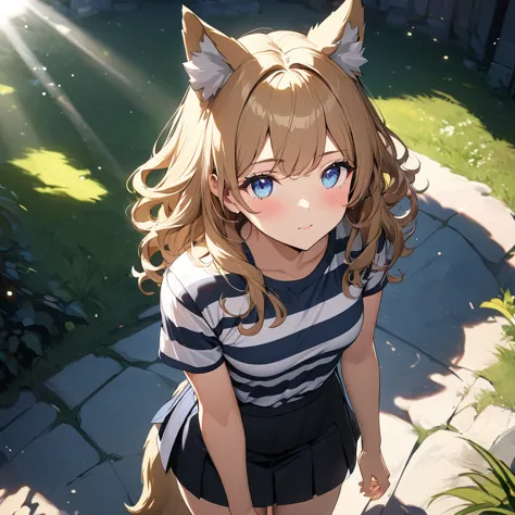 masterpiece, best quality, Langya, 1 Girl, Wolf ears, Wolf Tail, Lovely, Blushed, Looking at the audience, from above, golden curly hair, mini skirt, Black and white striped T-shirt, blue eyes, beautiful eyes, Beautiful background, Light Particles, Sun ray...