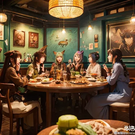 A group of anime characters and various anthropomorphic animals, including cat girls and anthropomorphic lizards, sit around a table，Enjoying food and drinks，The atmosphere is lively and lively。The roles have（Beautiful and delicate eyes，Beautiful and delic...