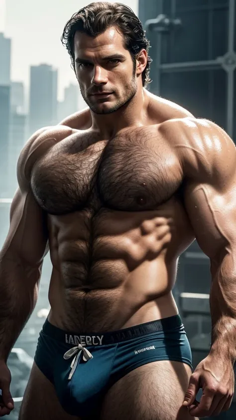 Henry  Cavill,  shirtless, hairy chest, beach underwear, big bulge, hyper realistic style, erotic, 3-meters-tall-bodybuilders oversized biceps are 240 inches, with long oversized arms, outgrows buildings size, sexy smile, ultra hd, realistic, vivid colors,...