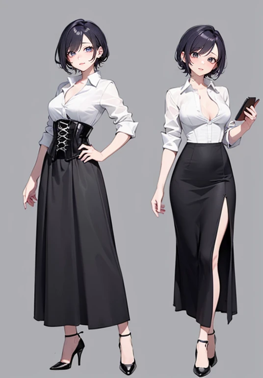 Purple hair,short hair,Adult female,(bartender),((Roll up your shirt sleeves)),(Rolling up the sleeves of his shirt),(corset),(skirt),(High heels),((Simple Background)),smile,((whole body)),((full body)),Character Sheet,