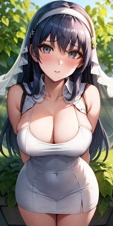 masterpiece, best quality, ultra-detailed, illustration,masterpiece, Best quality, high resolution, high resolution, hmrei, long hair, beautiful detailed eyes, looking at viewer in a seductive look, close up, (breast focus), (arms behind back:1.2), (from a...