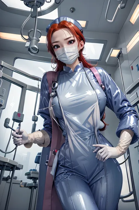 nurse uniform,hospital, latex nurse suit,nurses,busty,elbow gloves,labcoat,red hair woman,white eyes , gigantic ,medical instrum...