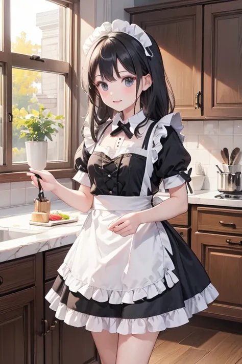 (8k, highest quality, tabletop:1.2)、ultra-high resolution、3 maid girls,  black maid outfit,  inside the castle, kitchen, cooking