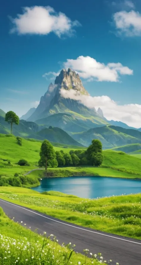 There is a road through the green fields，A mountain in the background, Mountain, Majestic mountain peaks, Beautiful mountains背景, Stunning scenery, Middle-earth Landscape, Beautiful mountains, mountainous terrain, Epic Landscapes, Impressive fantasy landsca...